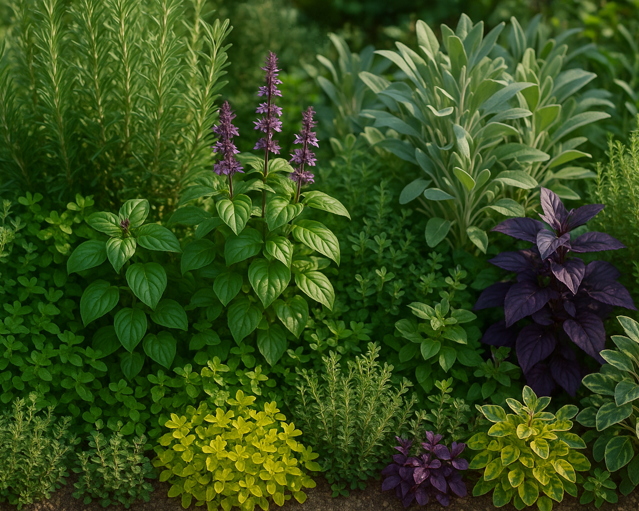 a garden of herbs tall and short with diferernt colors